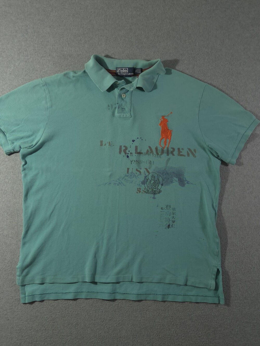 Polo Ralph Lauren Chinese Graphic Big Pony Men's XL Shirt Teal Blue Orange Horse